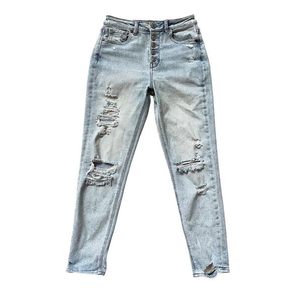 American Eagle High-Waisted Distressed Mom Jeans | 0 Regular, Button Fly, Light - Picture 1 of 8